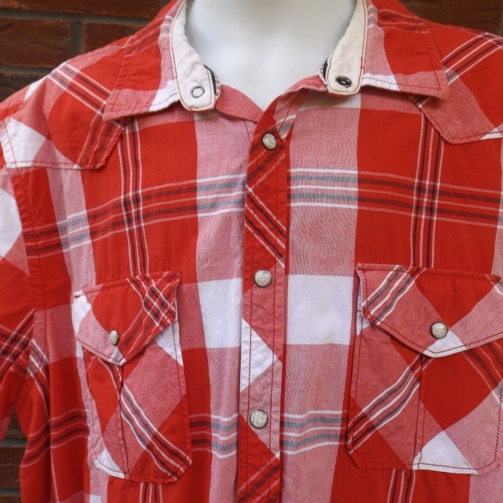 XL ROEBUCK & CO. S/S Red White Plaid Pearl Snap